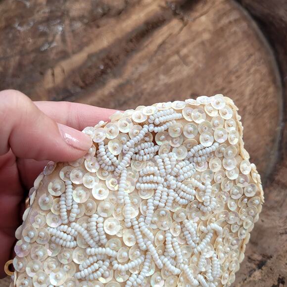 Vintage Mini Beaded Sequins Coin Purse Pouch Cream White Ivory - Picture 4 of 4